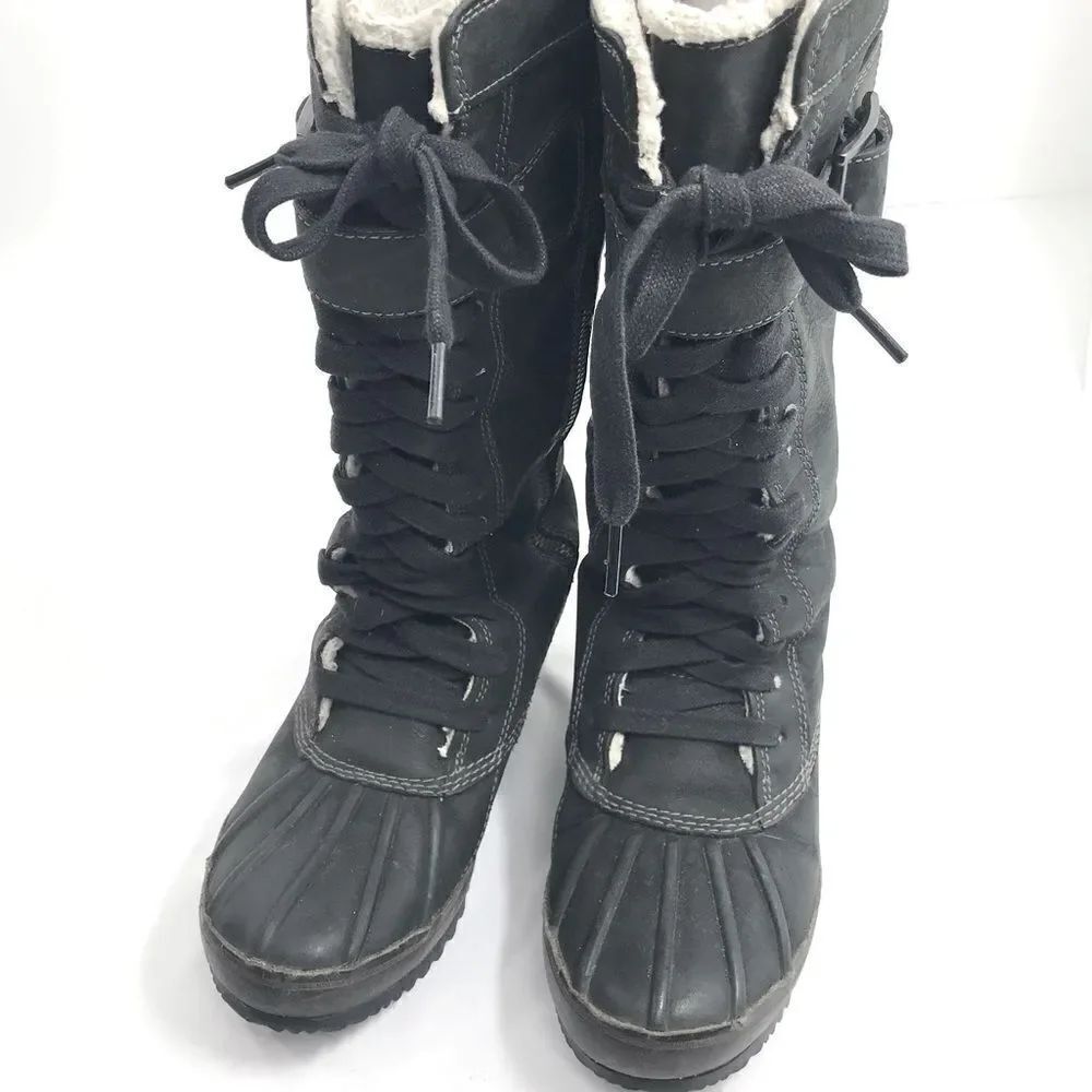 Sorel Black Leather Sherpa Lined Lace Up Zip Side Tall Rubber Sole Duck Boots